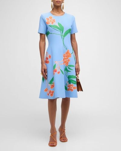 Carolina Herrera Floral Intarsia-Knit Flare Dress - Blue