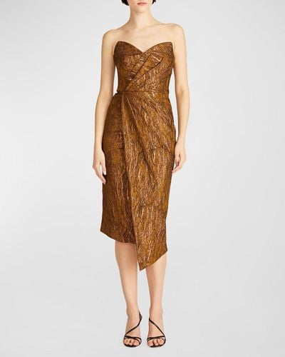 THEIA Marcy Pleated Strapless Jacquard Dress - Brown