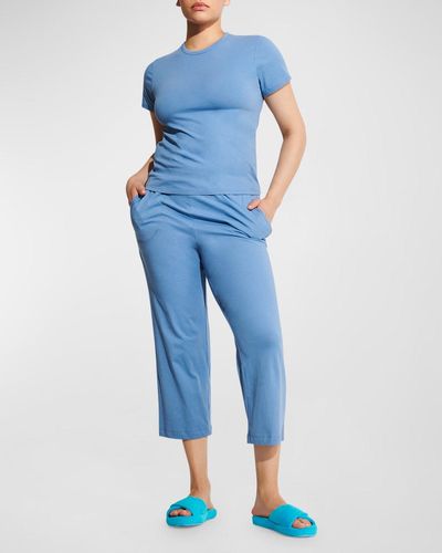 Skin Cropped Cotton Tee And Pants Set - Blue