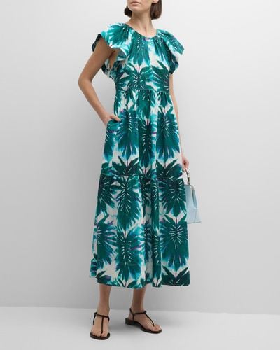 Marie Oliver Kara Tiered Leaf-Print Linen Midi Dress - Blue