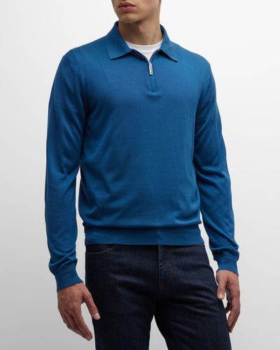 Stefano Ricci Silk Quarter-Zip Polo Sweater - Blue