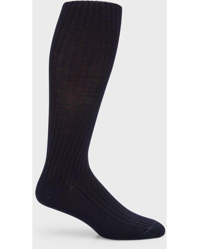 Neiman Marcus Ribbed Wool Over-Calf Socks - Blue