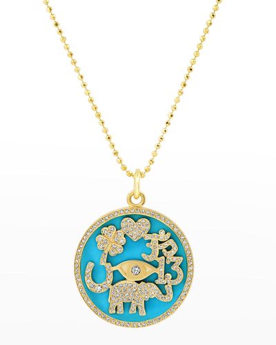 Jennifer Meyer Yellow Gold Turquoise And Diamond Good Luck Necklace - Blue