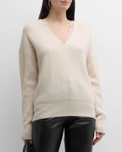 Brochu Walker Ava Ribbed Lace-Trim Wool-Cashmere Sweater - Natural