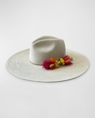 Van Palma Donna Straw Fedora With Dried Florals - Gray