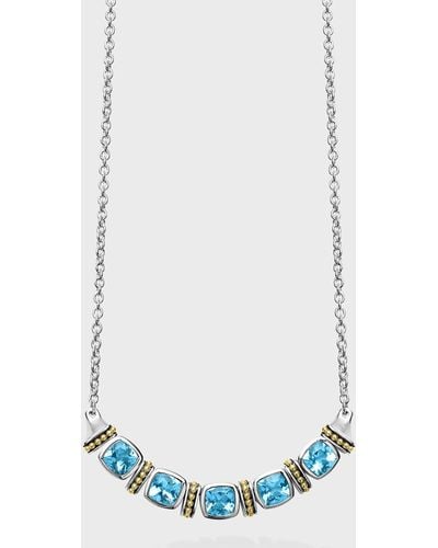 Lagos Caviar Color Blue Topaz 6mm Cushion-set 5-stone Chain Necklace - White