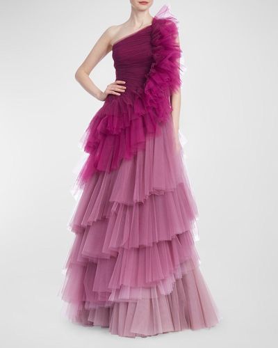 Badgley Mischka One-Shoulder Ombre Tiered Tulle Gown - Purple
