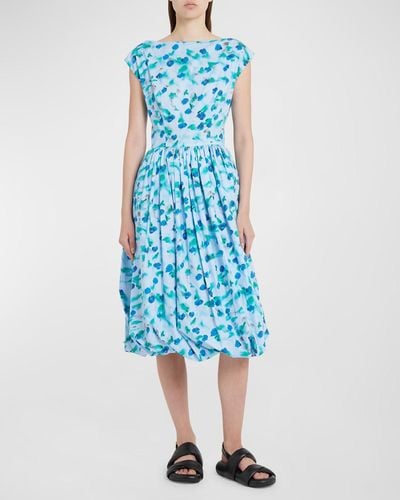 Marni Floral Print Midi Dress With Balloon Skirt - Blue