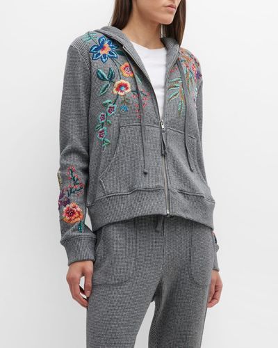 Johnny Was Ardell Floral-embroidered Metallic Thermal Zip Hoodie - Gray