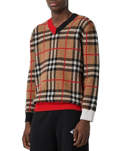 Burberry Signature Check V-Neck Sweater - Red