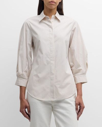 Lafayette 148 New York Striped Blouson-Sleeve Cotton Shirt - Gray