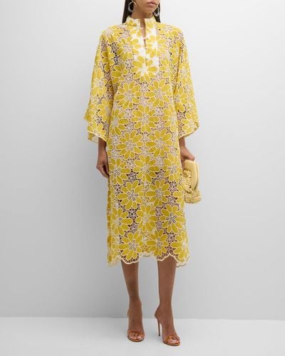 La Vie Style House Floral Lace Caftan Midi Dress - Yellow