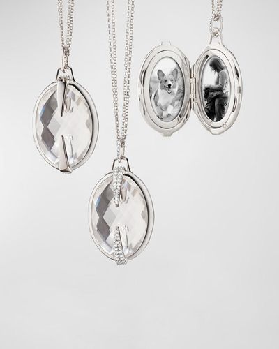Monica Rich Kosann Sterling Oval Faceted Rock Crystal And Sapphire Locket On Double Chain, 30"L - White