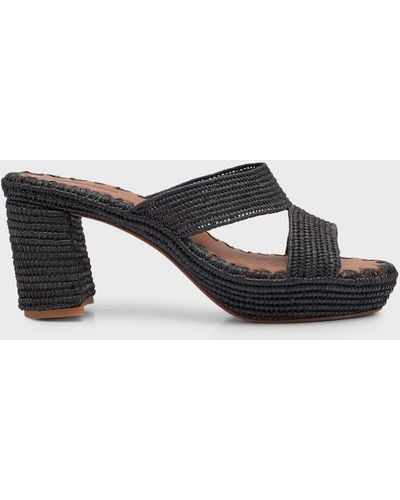 Carrie Forbes Raffia Crisscross Block-Heel Sandals - Black