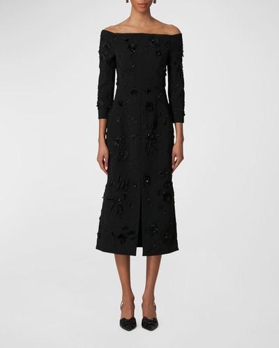 Carolina Herrera Off-Shoulder Column Dress With Floral Applique Detail - Black