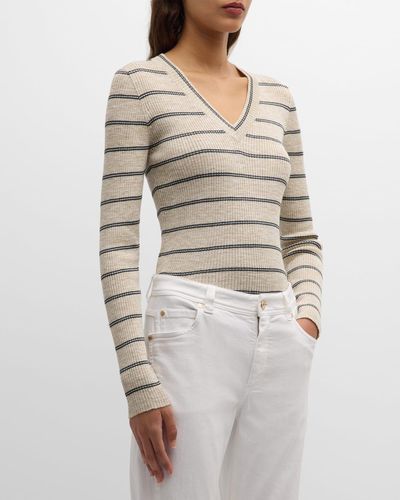 Brunello Cucinelli Striped Metallic Linen Long-Sleeve V-Neck Knit Sweater - Gray
