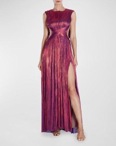 Maria Lucia Hohan Lydia Cutout Metallic Plisse Draped Gown - Purple