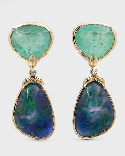 Stephen Dweck Columbian Emerald, Australian Opal, And Diamond Earrings - Green