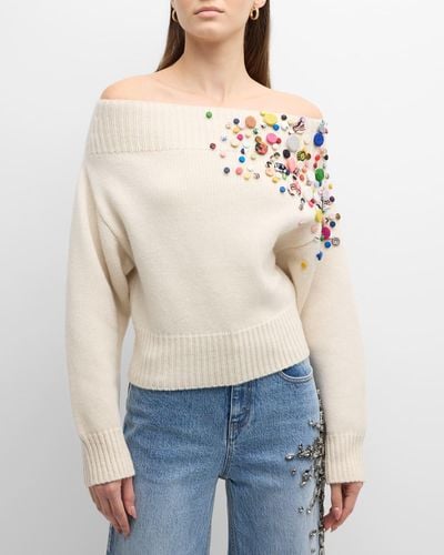 Hellessy Bruno Button Embellished Off-Shoulder Wool Cashmere Sweater - Blue