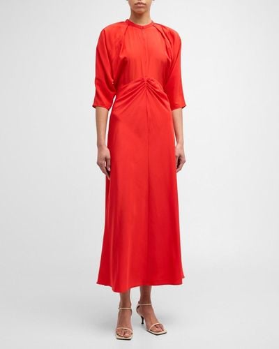Oroton Ruched Dolman-Sleeve Silk Midi Dress - Red