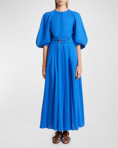 Gabriela Hearst Elea Puff-sleeve Belted Pleated Maxi Dress - Blue