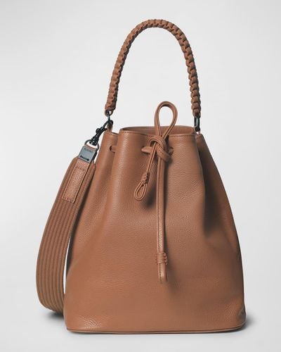 Callista Drawstring Grained Leather Bucket Bag - Brown