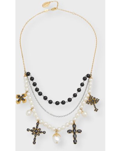 Dolce & Gabbana 18k Yellow And White Gold Black Sapphire Pearl Cross Choker Necklace - Natural