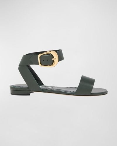 Manolo Blahnik Brutas Leather Ankle-Strap Sandals - Metallic