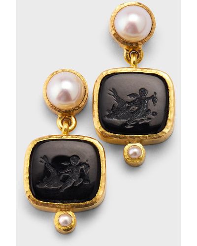 Elizabeth Locke 19k Pearl Earrings With Swinging Putto And Goose - Multicolor
