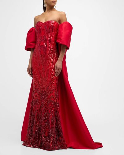 Jovani Strapless Sequin Cape Gown - Red