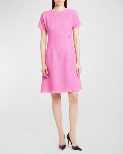 Dolce & Gabbana Tweed Short Dress With Logo Emblem - Pink