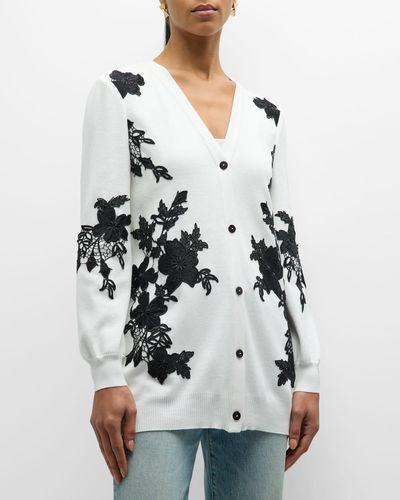Misook Floral Applique Recycled Knit Cardigan - White