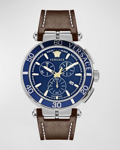 Versace Greca Chronograph Leather Strap Watch, 45Mm - Blue
