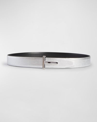 Tom Ford Silver Lizard-embossed Reversible Leather Belt - Gray