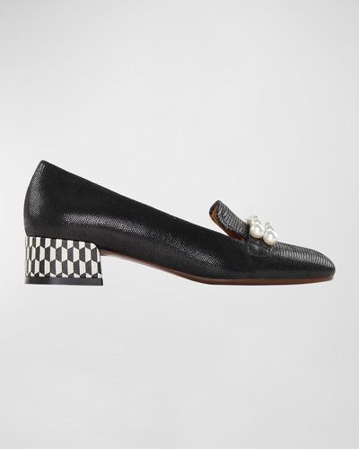 Chie Mihara Idako Mixed Leather Pearly-Strap Loafers - Black