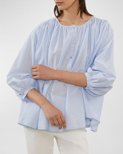 Peserico Ruched Striped Chain-Embellished Shirt - Blue