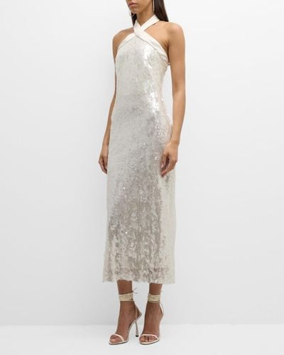 Shoshanna Sleeveless Sequin Halter Midi Dress - White