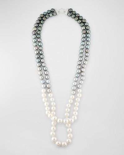 Belpearl 18K 8-14Mm Tahitian And South Sea Pearl 2 Row Necklace With Diamond Clasp - White