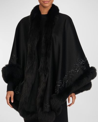 Gorski Embroidered Wool And Cashmere Capelet With Lamb Trim - Black