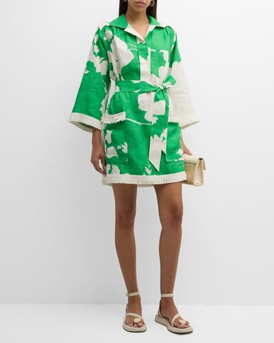 Oroton Belted Floral-Print Fringe-Trim Mini Dress - Green