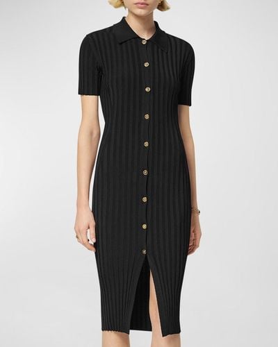 Versace Short-Sleeve Flat-Rib Knit Button-Front Shirtdress - Black