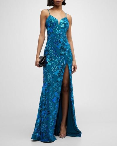 Jovani Floral Sequin Sweetheart A-line Gown - Blue