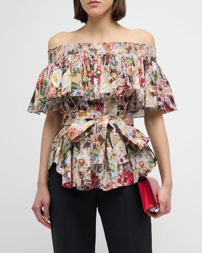 Adam Lippes Floral-Print Voile Smocked Off-The-Shoulder Top - Multicolor
