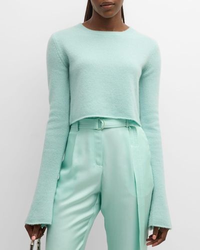 LAPOINTE Airy Cashmere-Silk Crewneck Flare-Sleeve Crop Sweater - Green