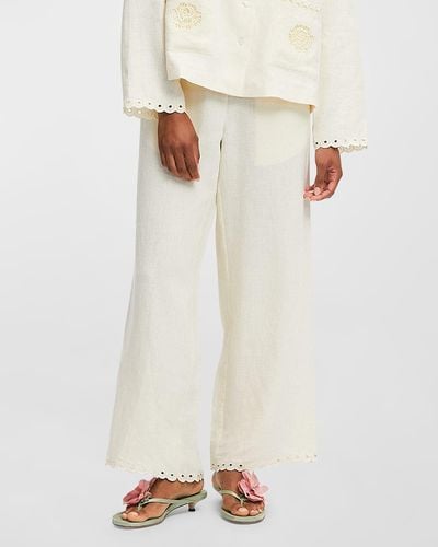 Sleeper Sofia Floral-Embroidered Linen Pants - White