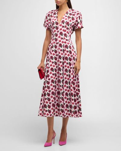 Jonathan Cohen Floral Pleated V-Neck Midi Dress - Red