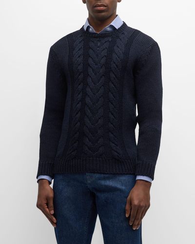Isaia Silk-cotton Cable Knit Crewneck Sweater - Blue