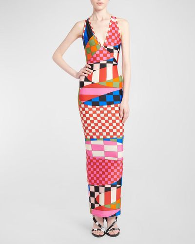 Emilio Pucci Plunging Abstract-Print Sleeveless Maxi Dress - White