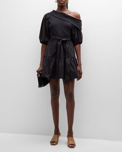 Tanya Taylor Georgia Waist-Tie One-Shoulder Mini Dress - Black