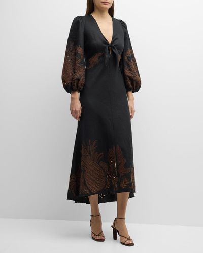 Dorothee Schumacher Exquisite Luxury Embroidered Linen Midi Dress - Black